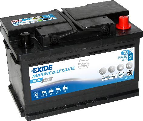 EXIDE 70AH 600A 278X175X190 DUAL AGM -/+